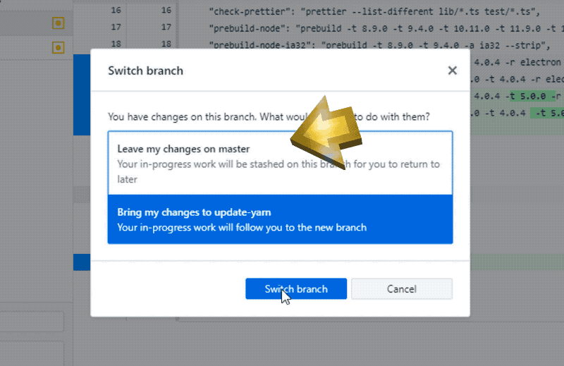 checkout branch with stash warning changes branch name while "loading