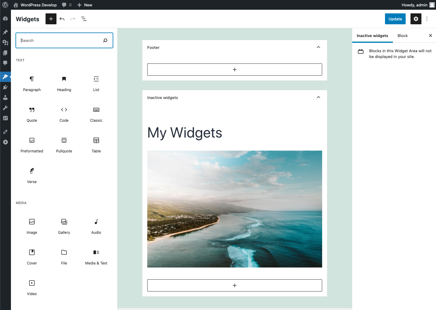 Widget area highlight disappears when opening the block inserter on the ...