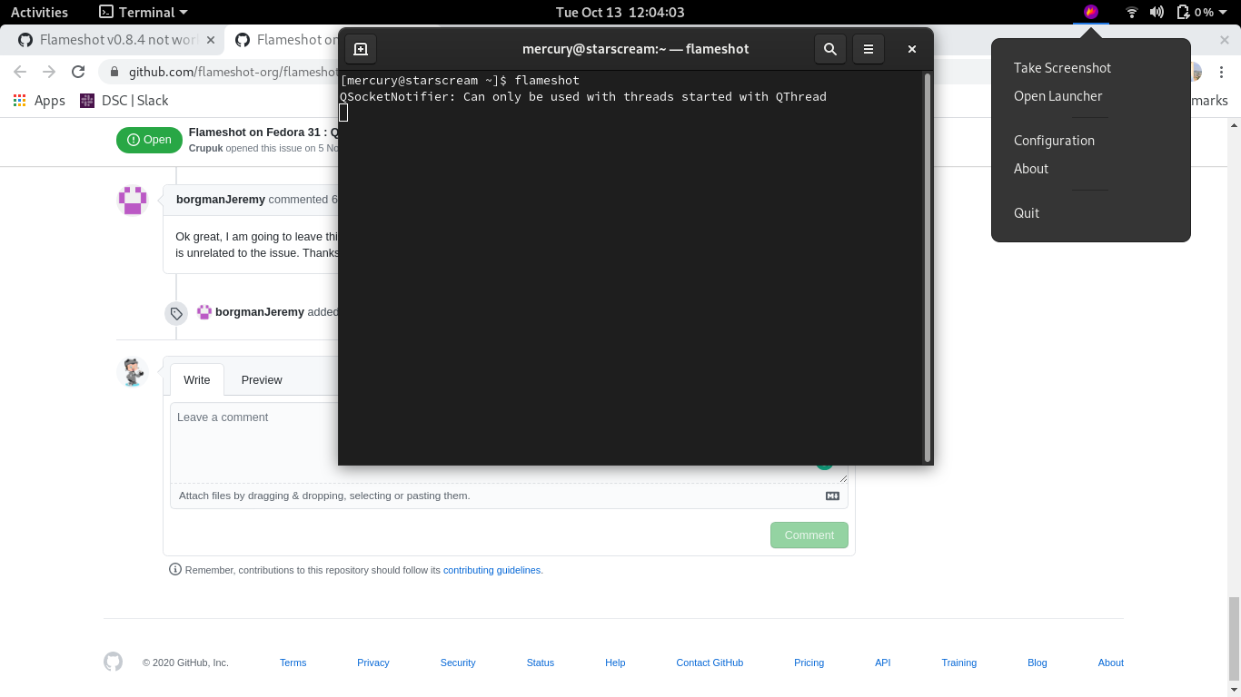 Flameshot on Fedora 31 QSocketNotifier Can only be used with threads started with QThread