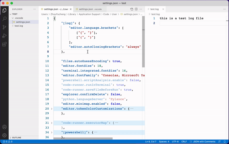 Auto Closing Brackets not working for log file even set it to always