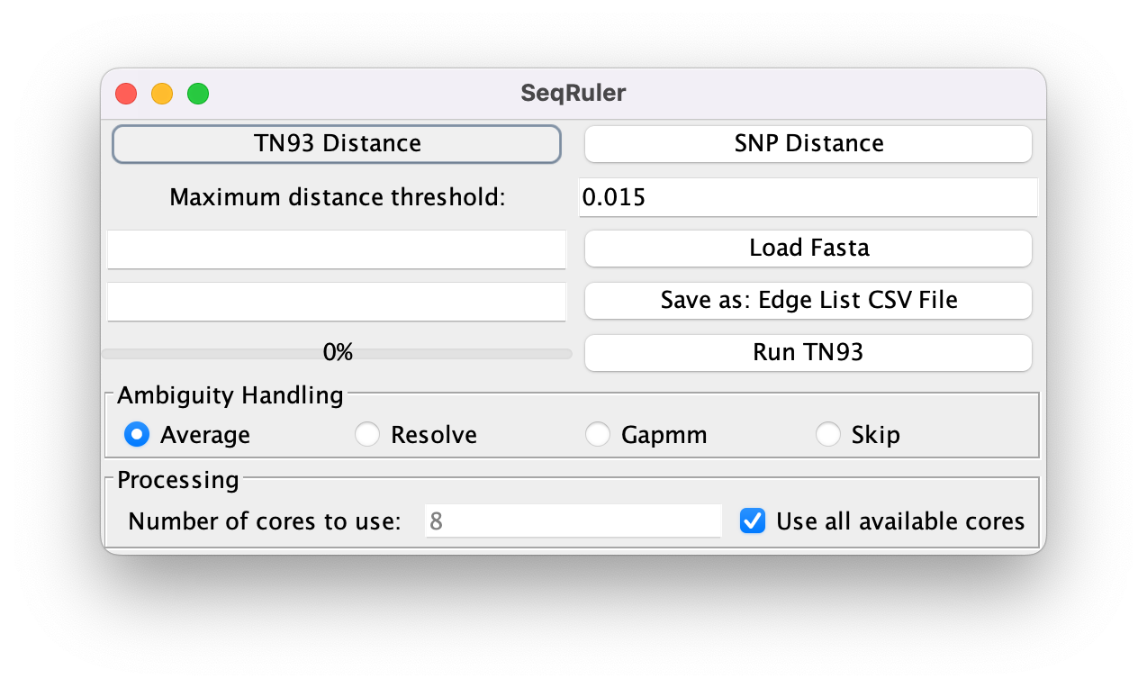 GitHub CDCgov/SeqRuler GUI for calculating TN93 or SNP distances for