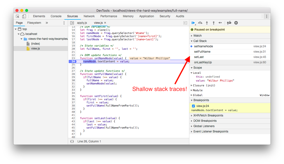 An example of shallow stack traces that you get from using views the hard way