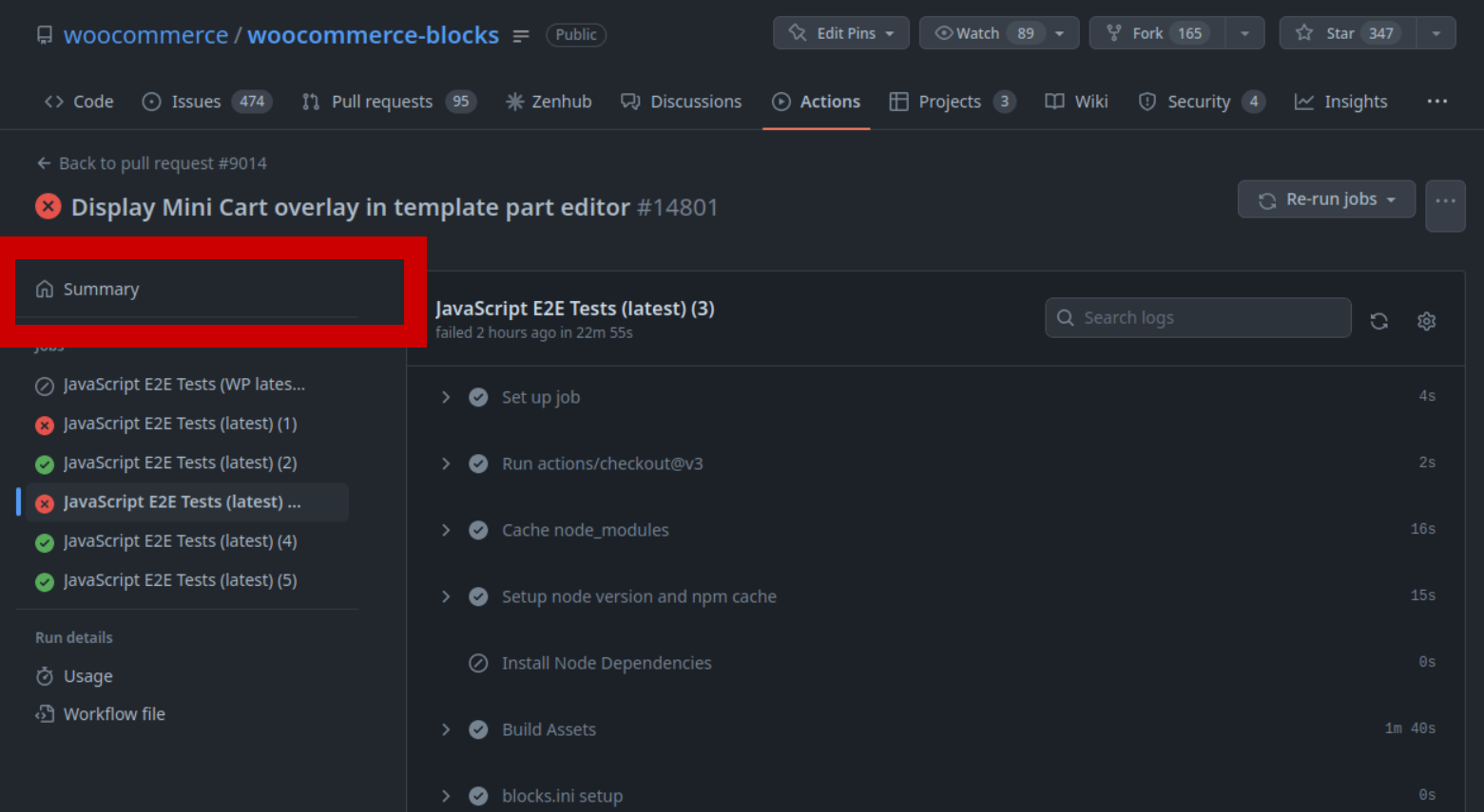 Log of an e2e test suite that failed, highlighting the Summary button