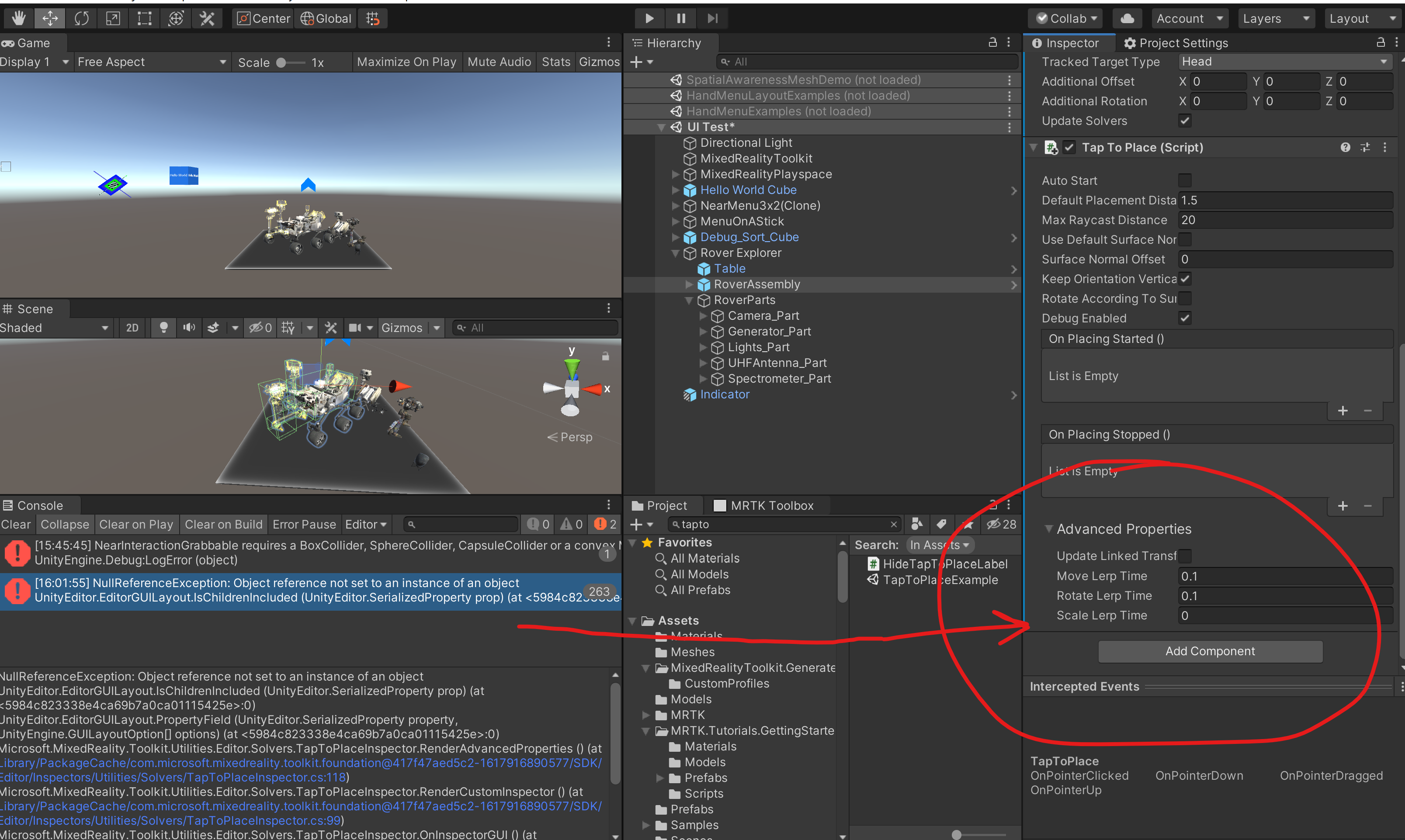 TapToPlace Inspector throws errors · Issue 9672 · microsoft