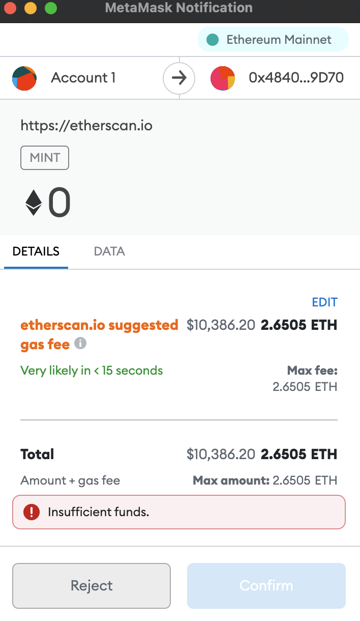 if you try minting an NFT with an empty account, it defaults gas to  28500000 which is ~10k usd · Issue #12029 · MetaMask/metamask-extension