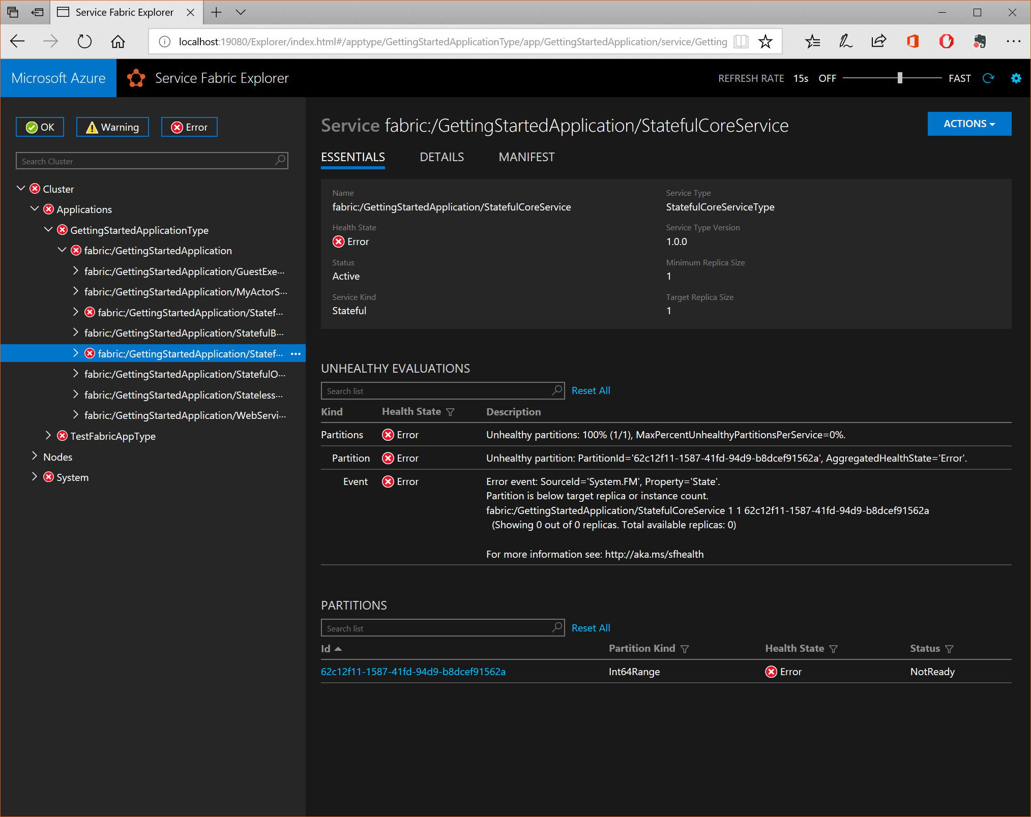 Core 2.0 Target Stateful Service occurs "Partition is below target replica or instance