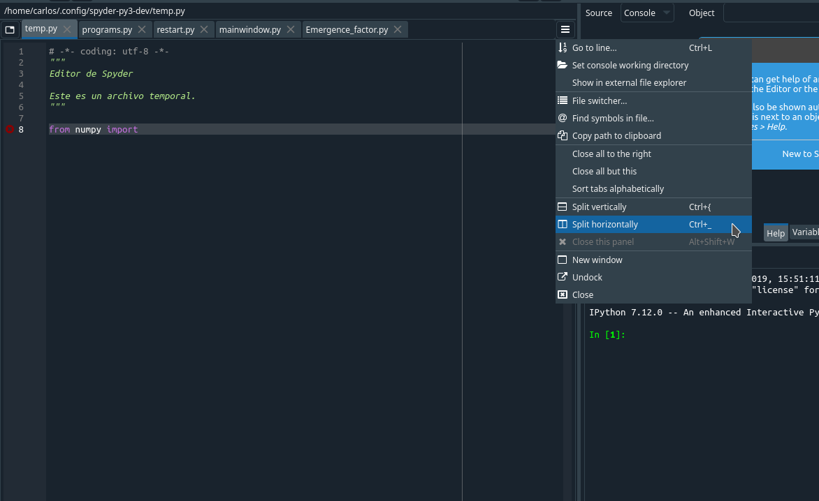 Suggestion Spyder Editor Horizontal splitter required to navigate code
