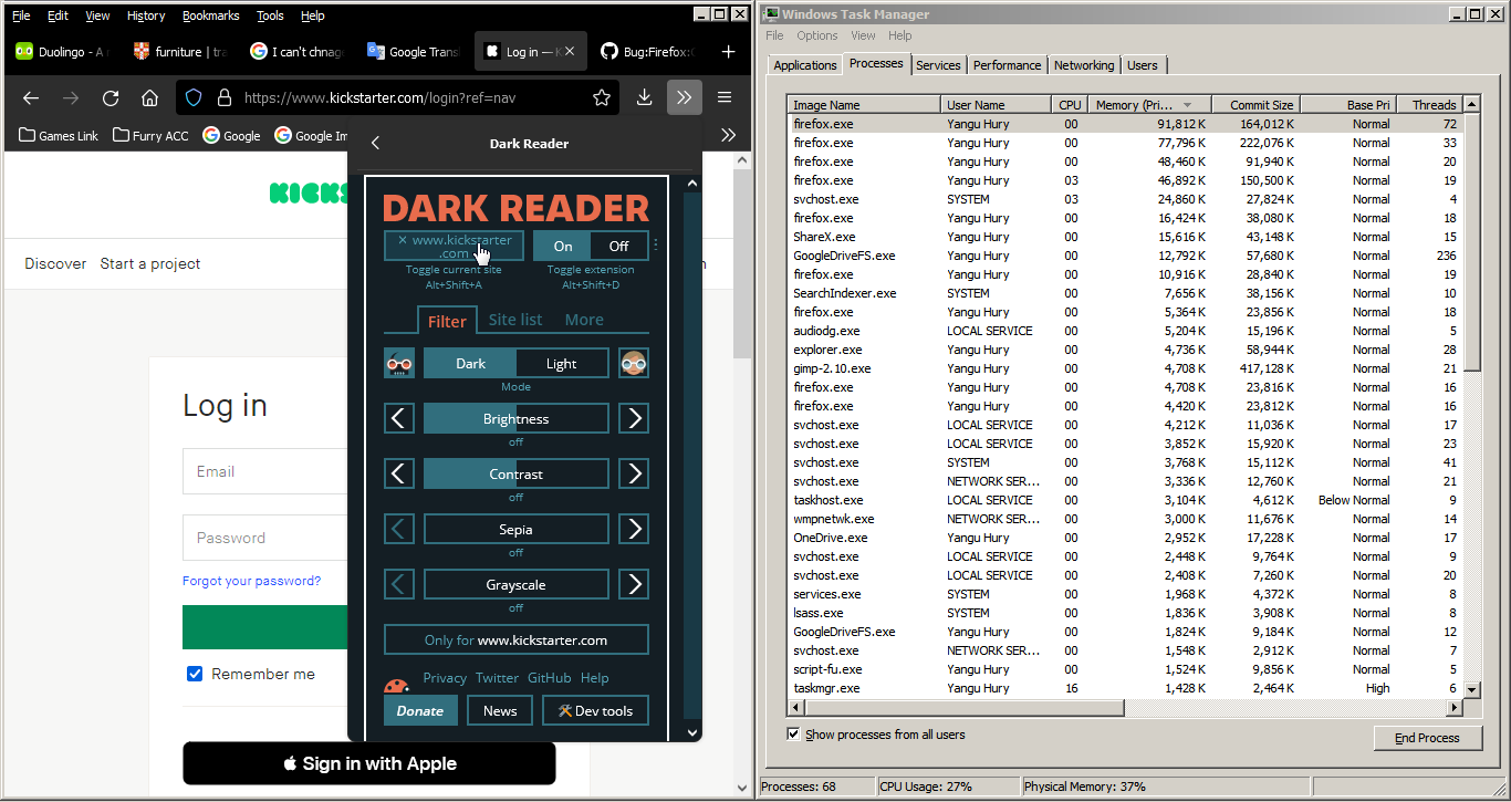 kickstarter login page excessive memory usage when dark reader is