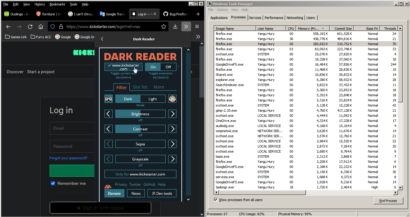 kickstarter login page excessive memory usage when dark reader is ...