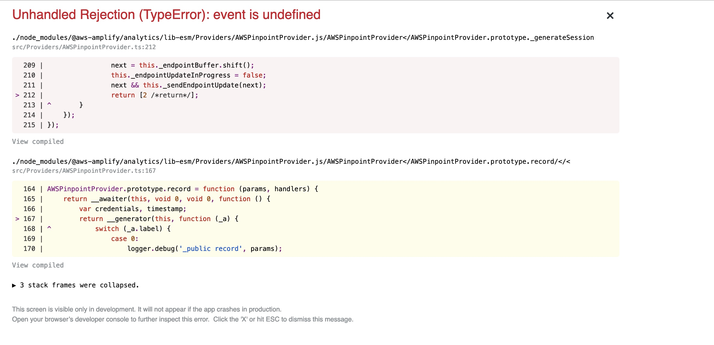 Amplify analytics: Unhandled Rejection (TypeError): event is undefined ...
