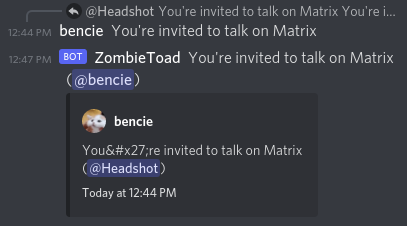 Matrix reply bridged to Discord with escaping issues around single quotes in replies
