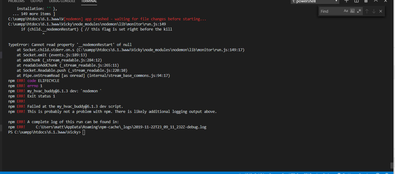 Nodemon not completing restart of server on change of server side code ...
