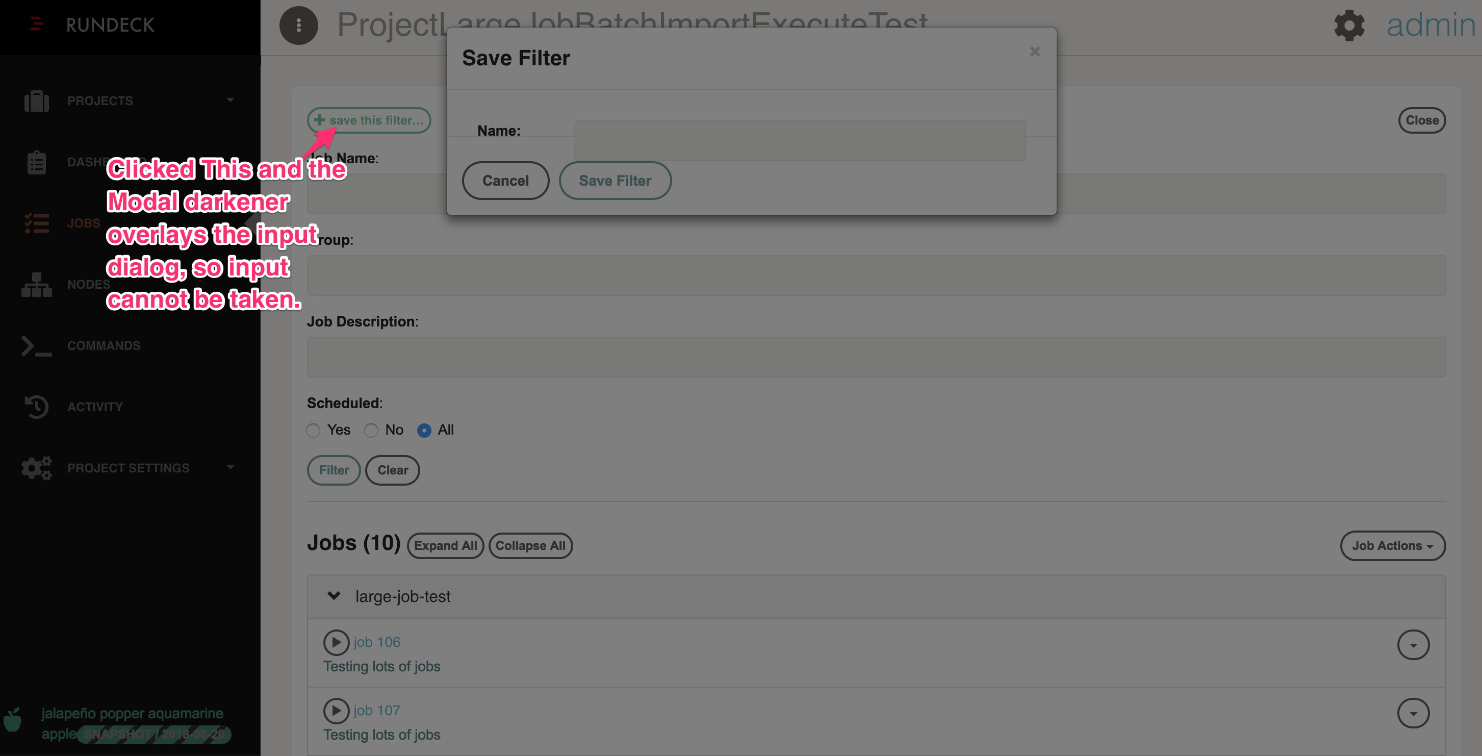 Attempting to save a job filter puts ui in unusable state modal input