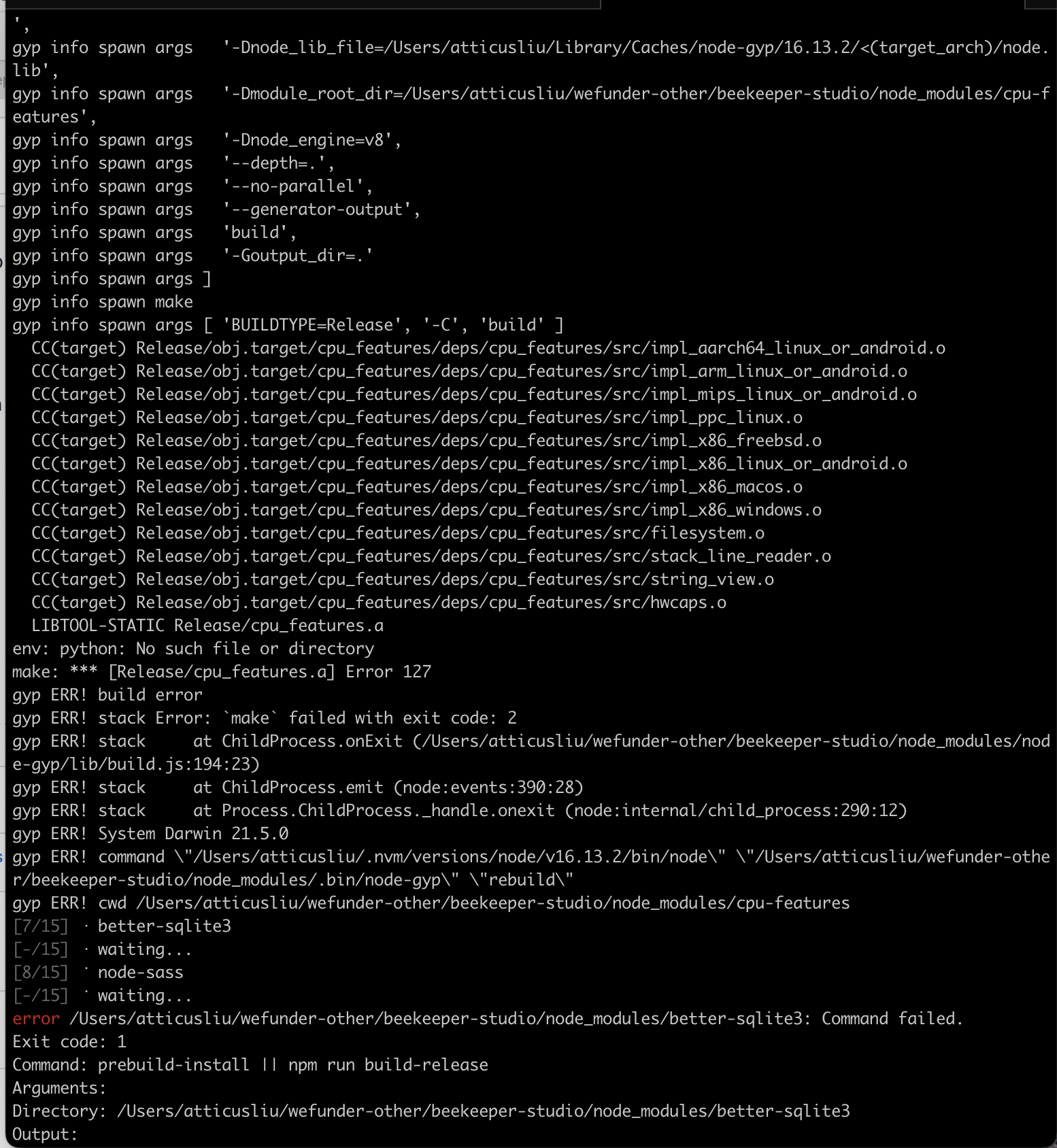 BUG Yarn install showing gyp errors · Issue 1329 · beekeeperstudio