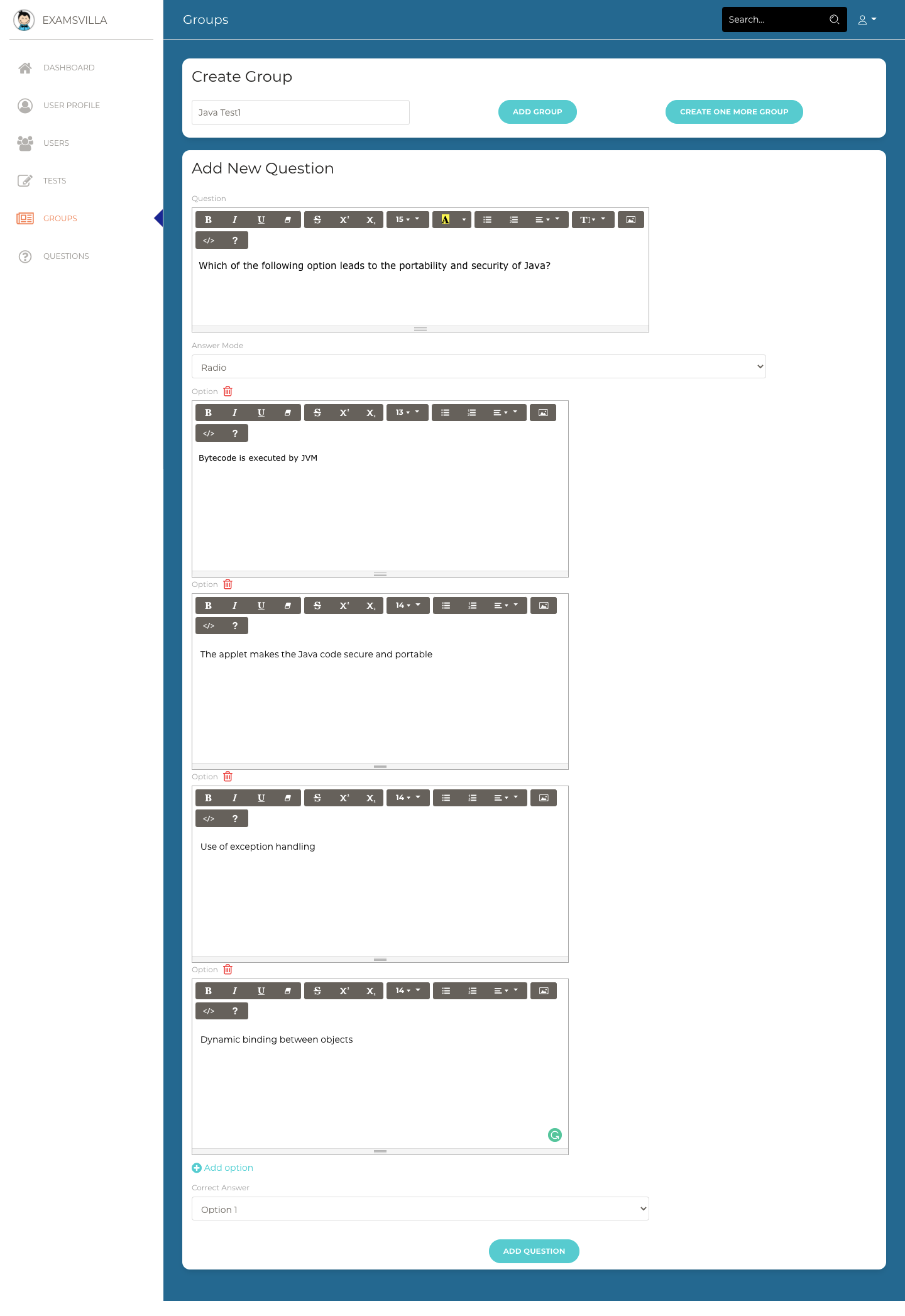 create group with questions 