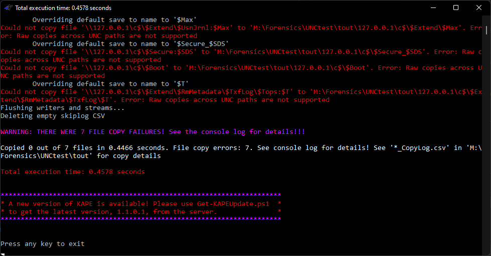 Unable to collect from UNC path "tsource '\\myserver\sharename' not