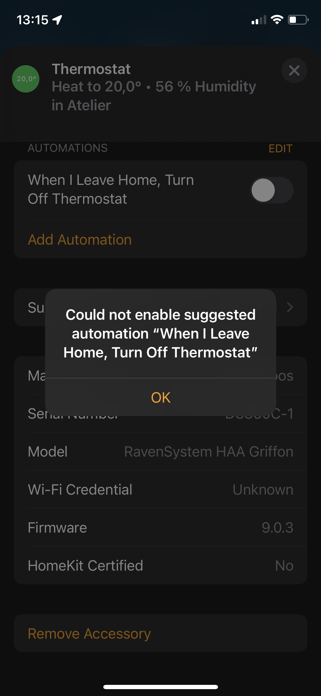 Could not enable suggested automation “When I Leave Home, Turn Off
