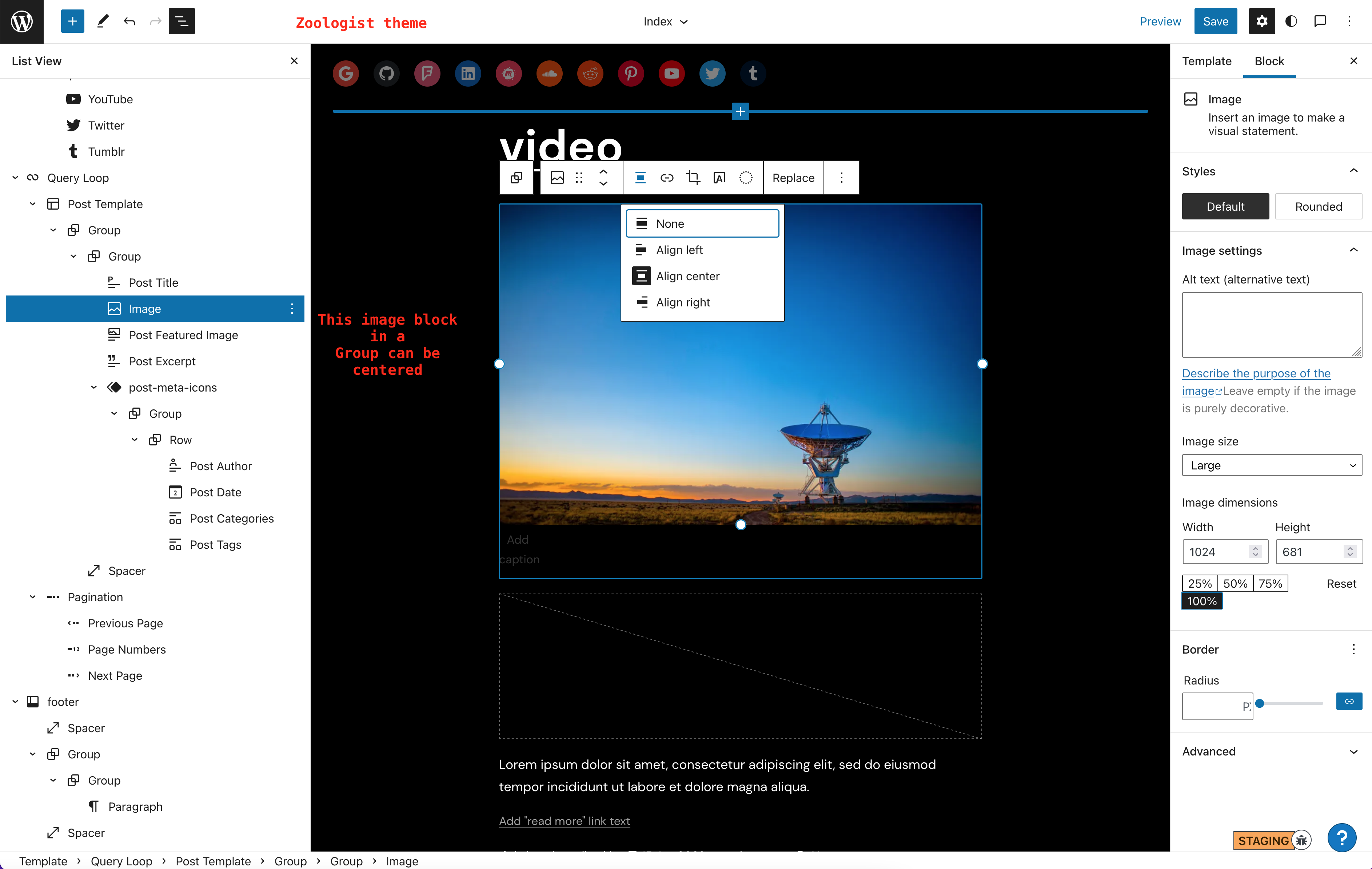 Twenty Twenty Two: Cannot change alignment of Image block inside Group