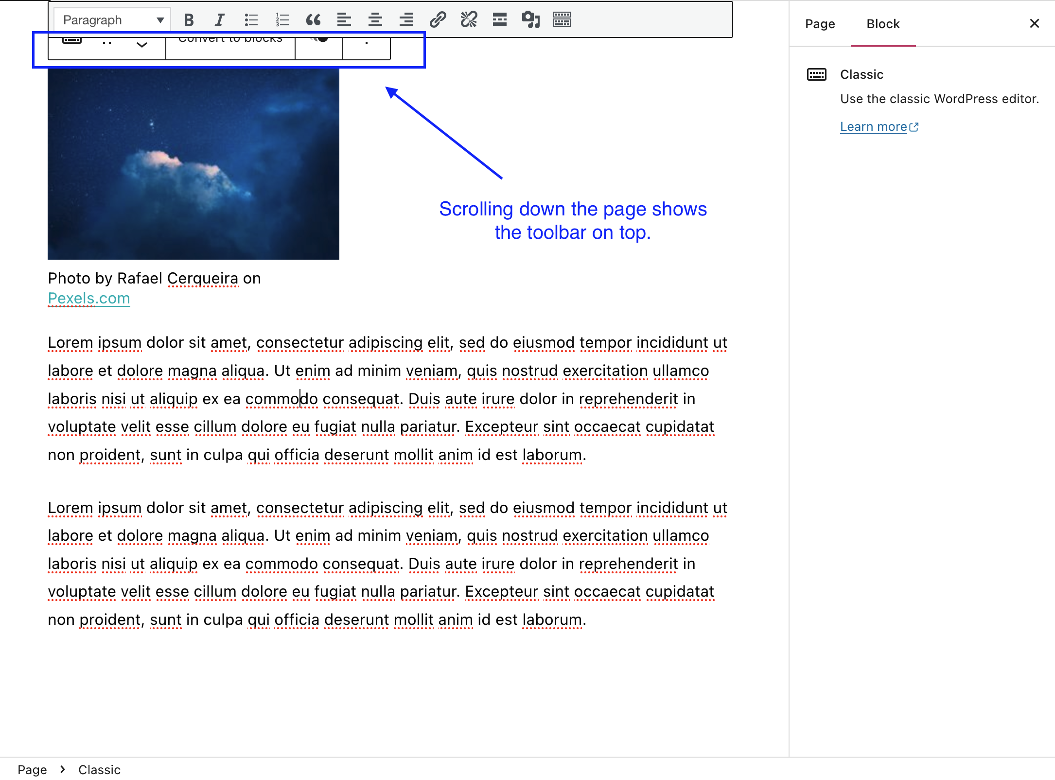 The Classic Block toolbar does not scroll down or appear near the ...