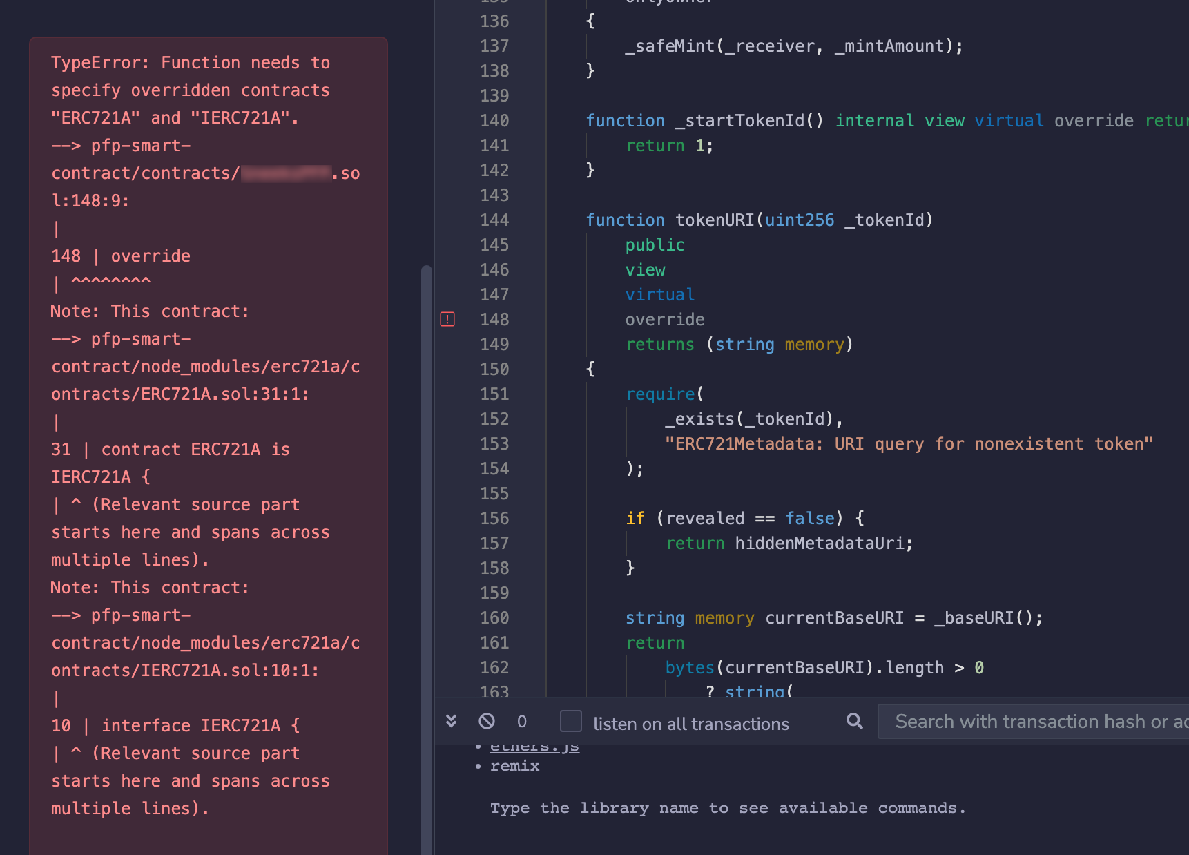ERC721AQueryable "TypeError Function needs to specify overridden