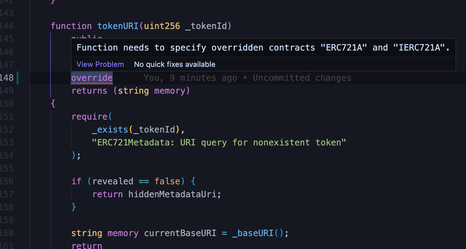 ERC721AQueryable "TypeError Function needs to specify overridden