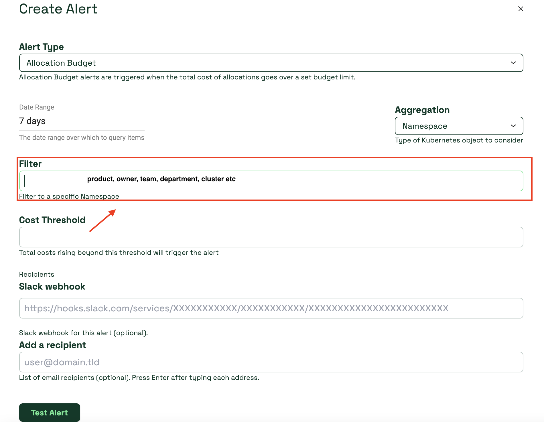 Multiple filters, NOT just namespace when creating alerts · Issue 1834
