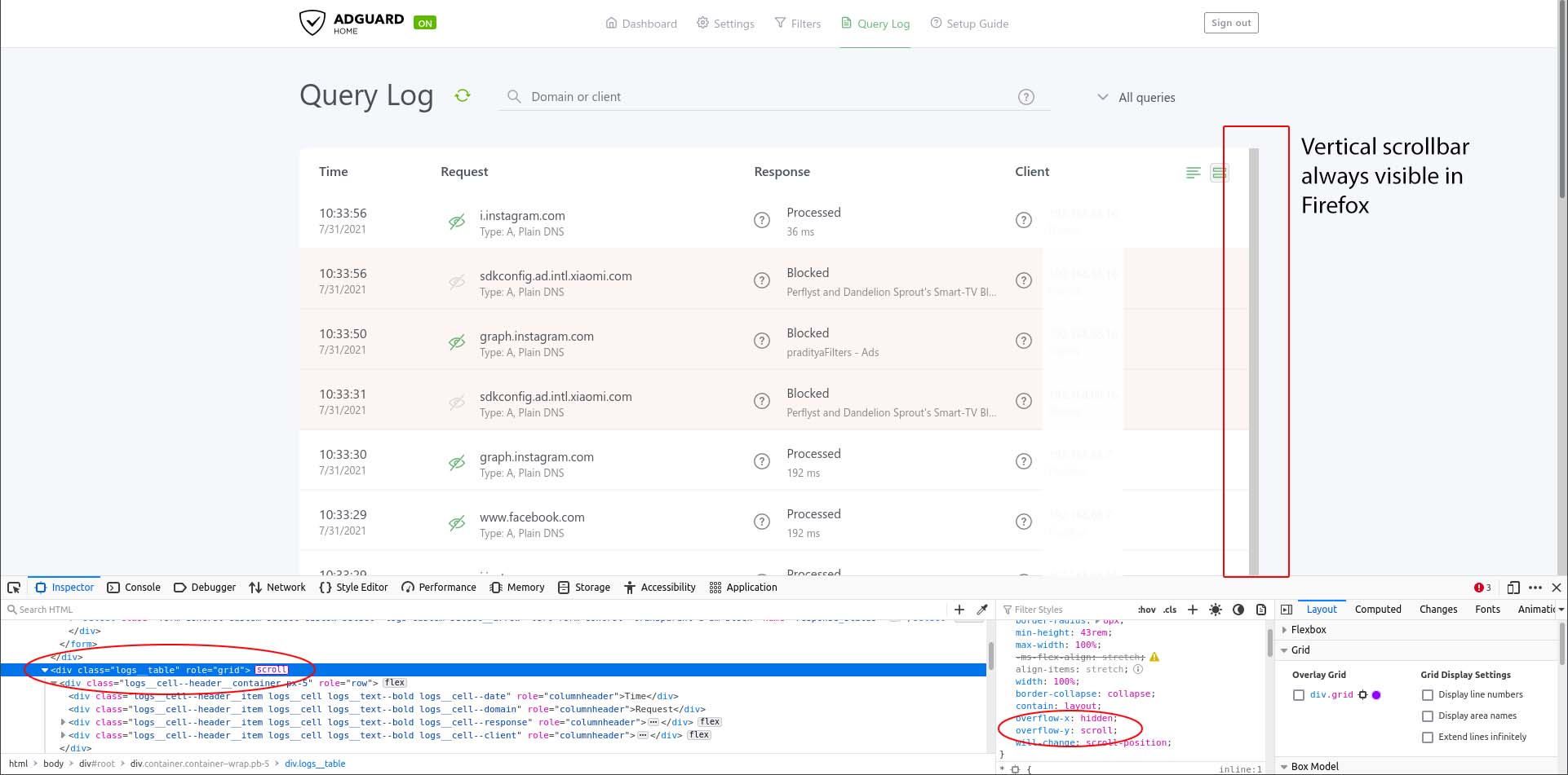 Logs Table Vertical Scrollbar Always Visible in Firefox · Issue 3395