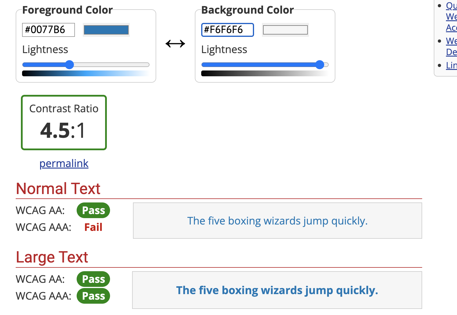 screenshot of failing contrast test for #0077B6