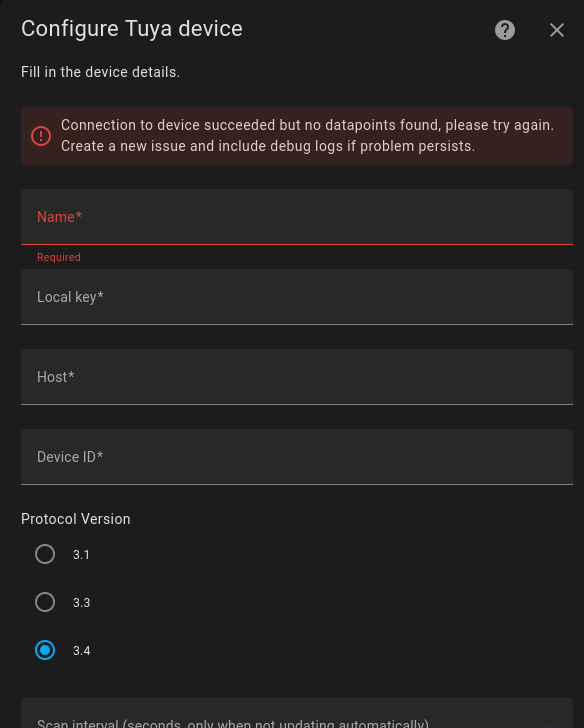 Connection to device succeeded but no datapoints found, please try ...