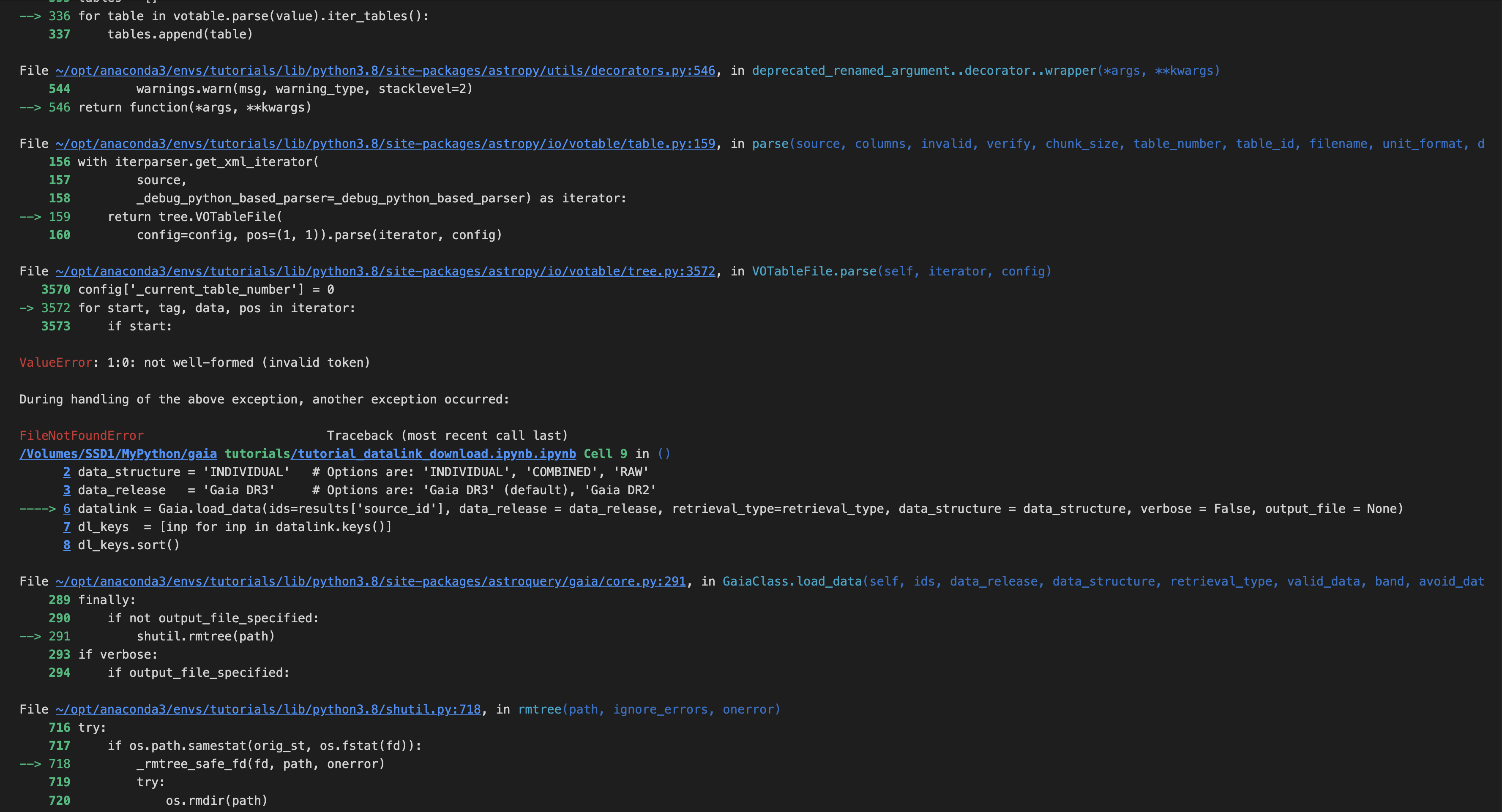 M1 iMac - Gaia.load_data ValueError: 1:0: not well-formed (invalid ...