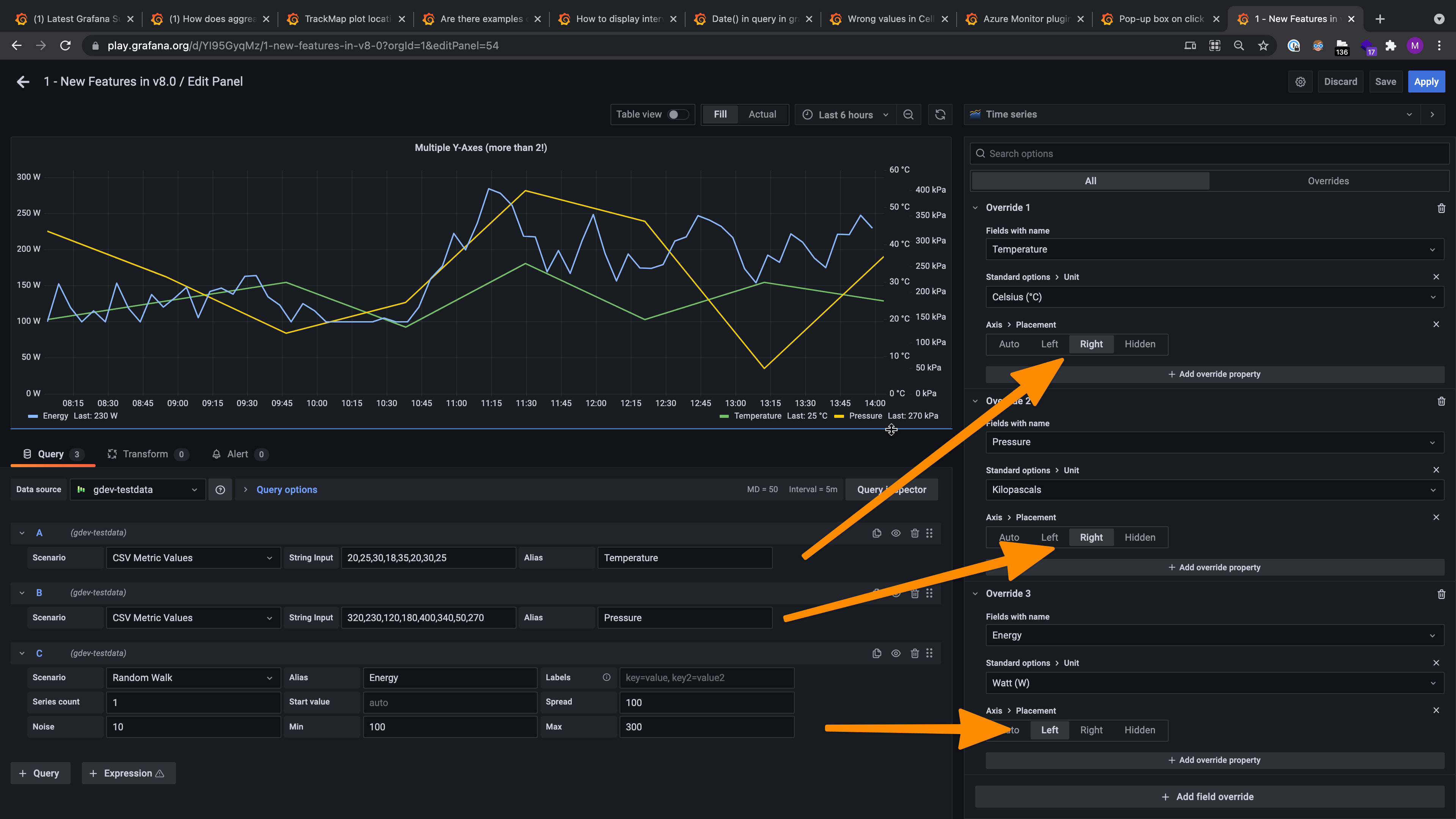 Grafana 8x the point to change the yaxis to left and right is missing