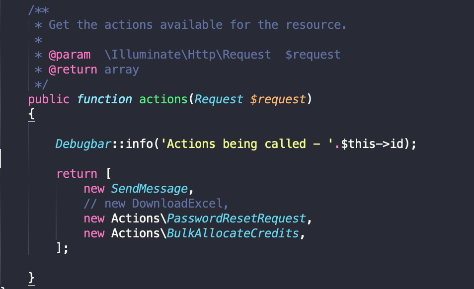 The actions method is run once for each resource on an index page ...