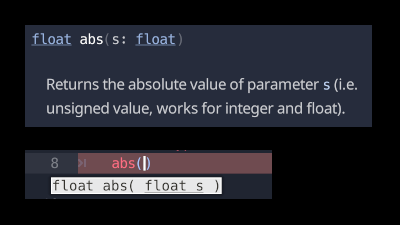 Screenshot of abs function in docs and editor hints