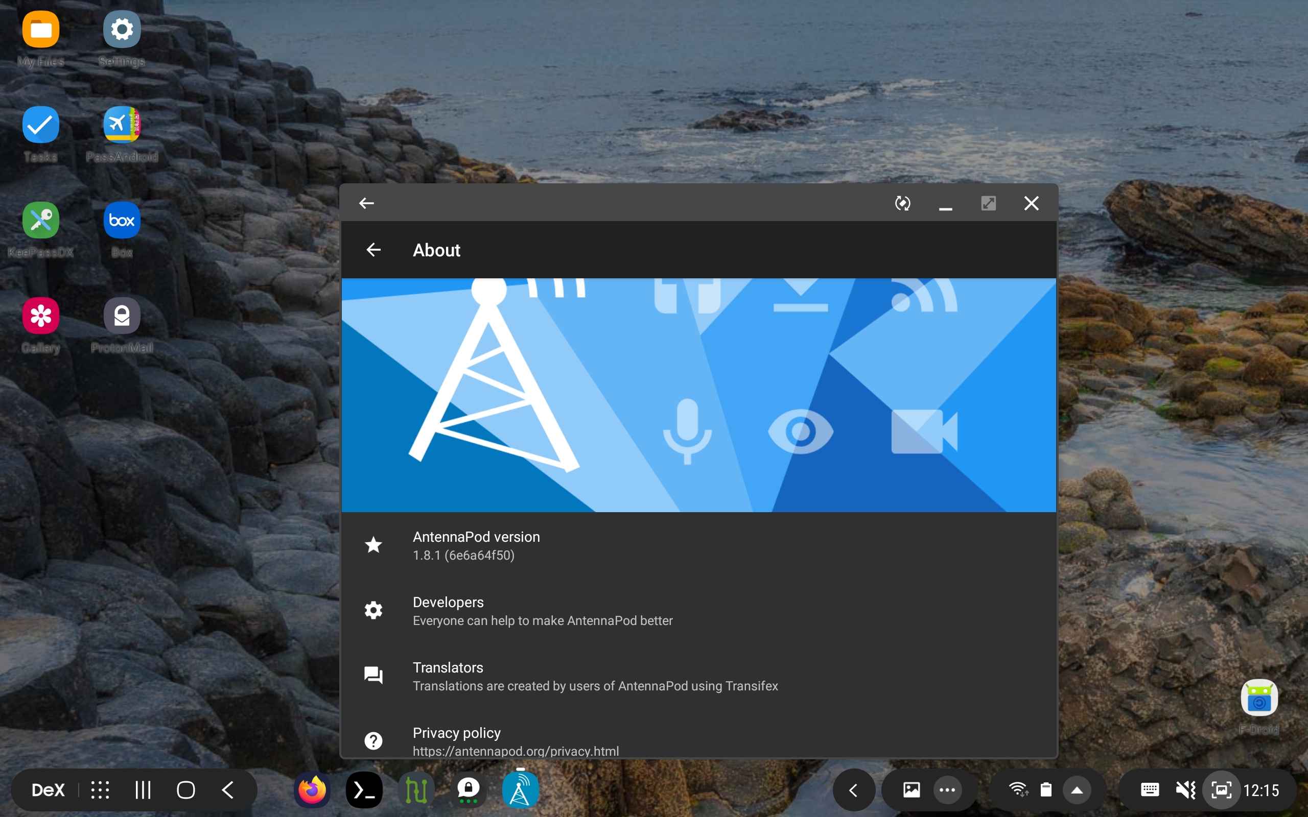 Screenshot of AntennaPod on Samsung DeX