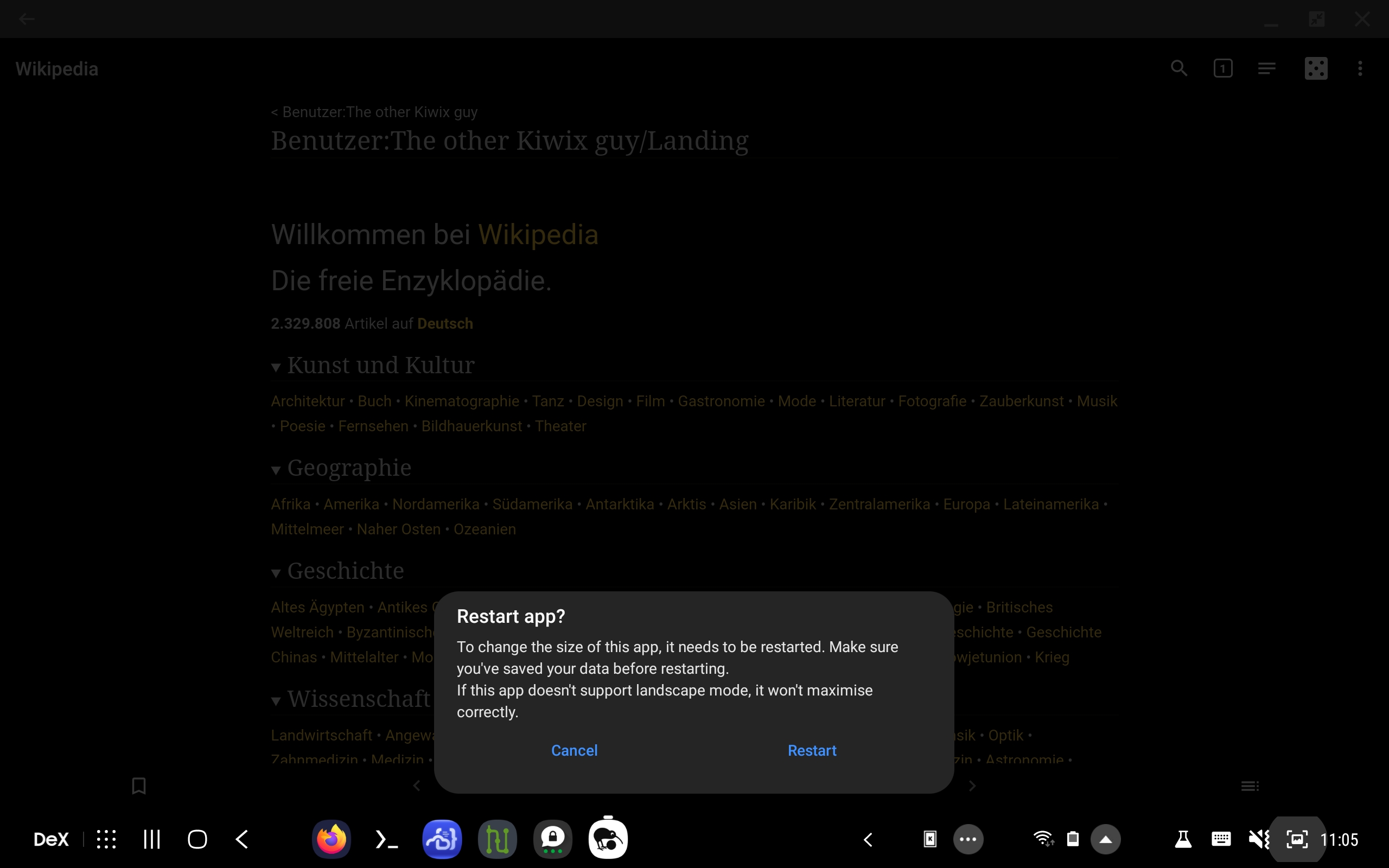 Screenshot of resizing Kiwix in Samsung Dex