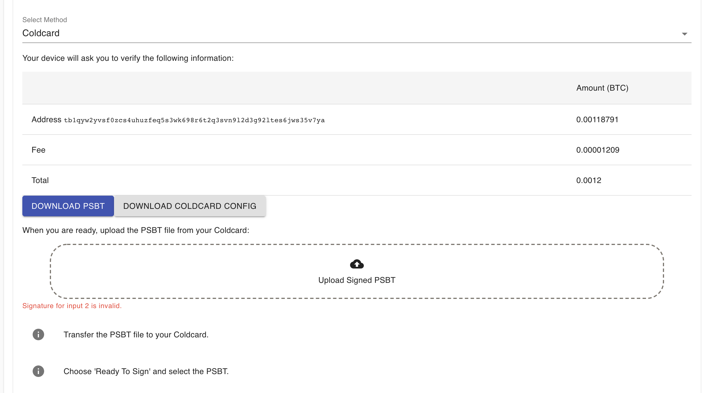 Upload ColdCard Signed PSBT, Caravan prompts error "Signature for input