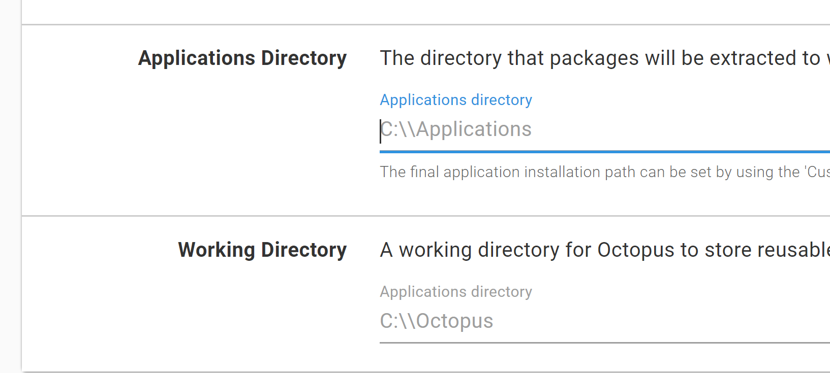 Offline drop fields `Applications Directory` and `Working Directory ...