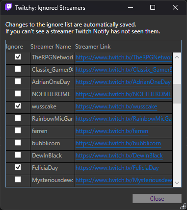 Image of Ignored Streamers UI