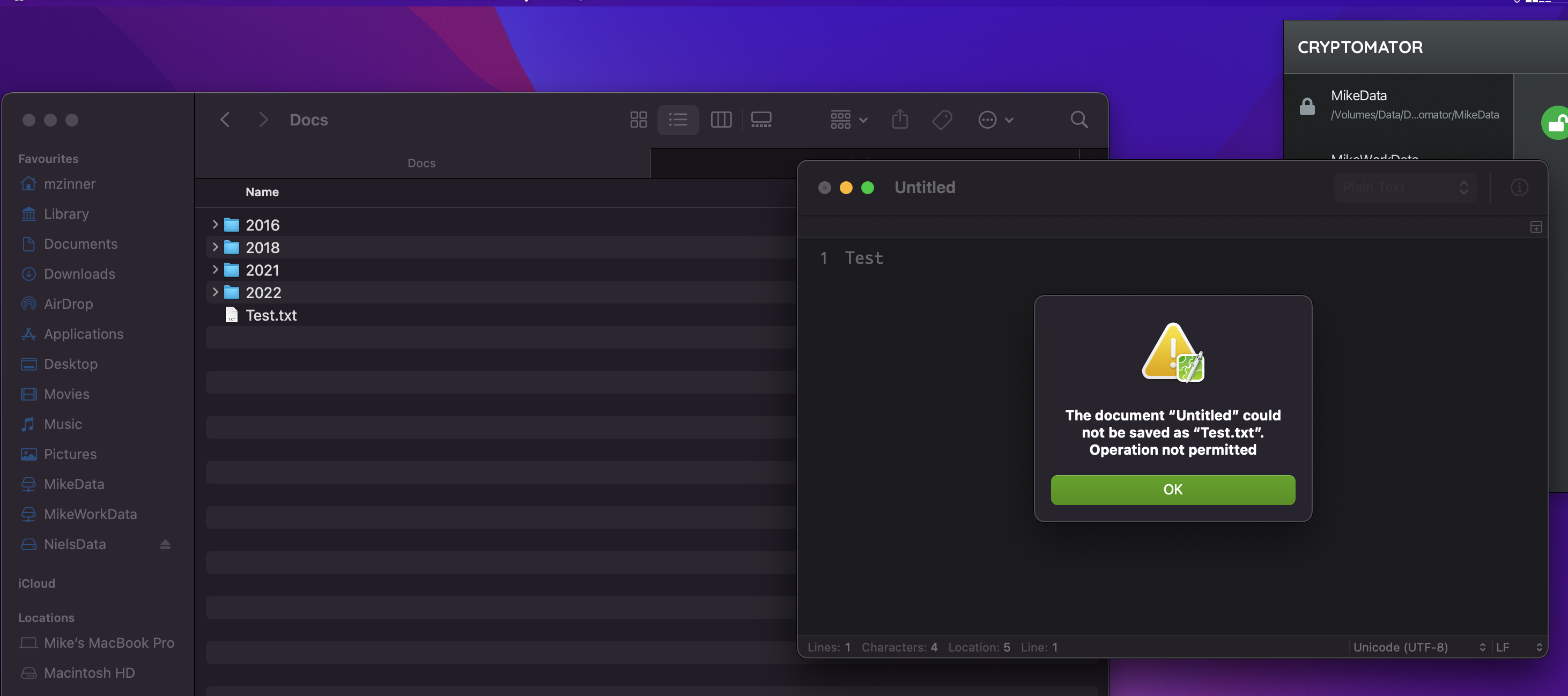 Saving a new file fails on a volume mounted using Cryptomator / macFUSE ...