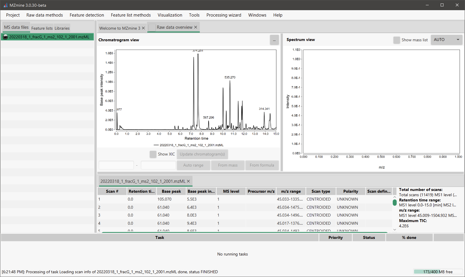 Not detecting masses and not able to run ADAP Chromatogram Builder