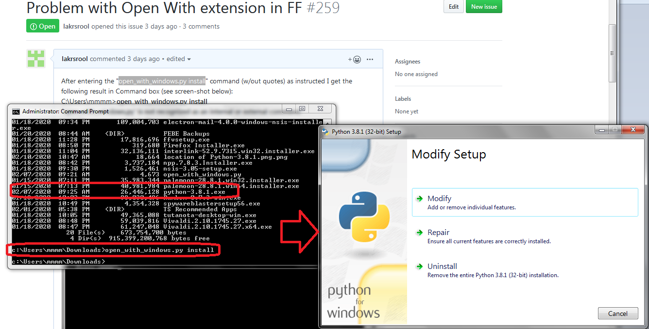 If I do the same thing in the Downloads folder that also has the Python executable I get this