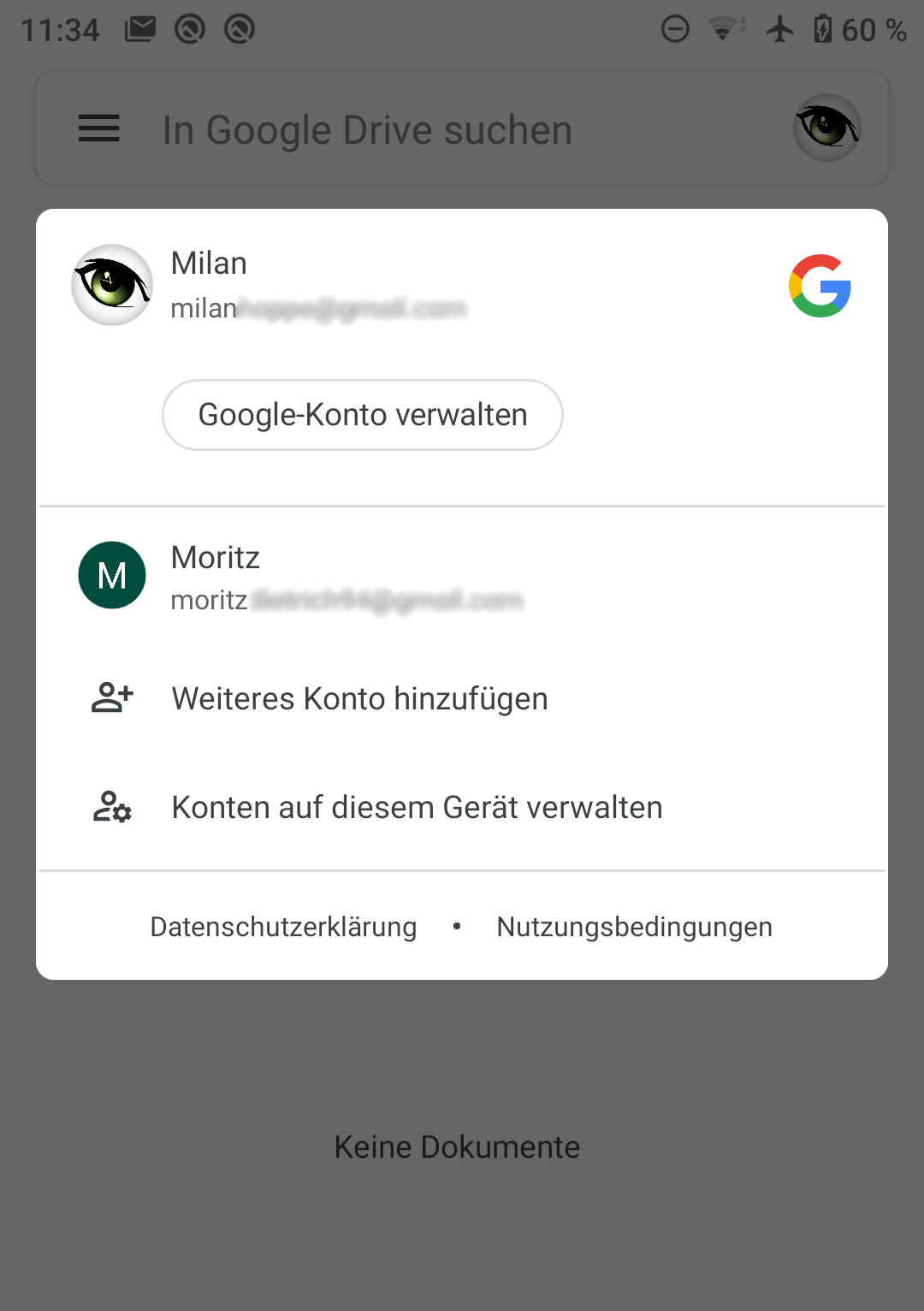 Google accounts listed in Google Drive