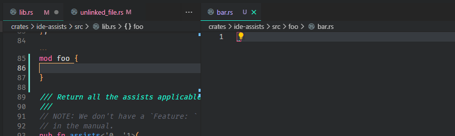 Screen recording showing a `mod` declaration added into a parent inline module