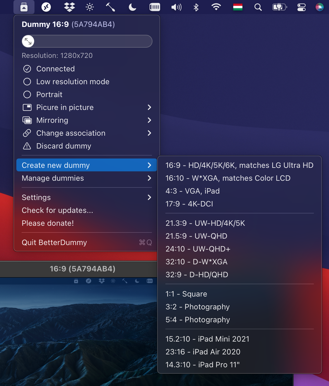 Indicate displays matching aspect ratios in the create new dummy menu