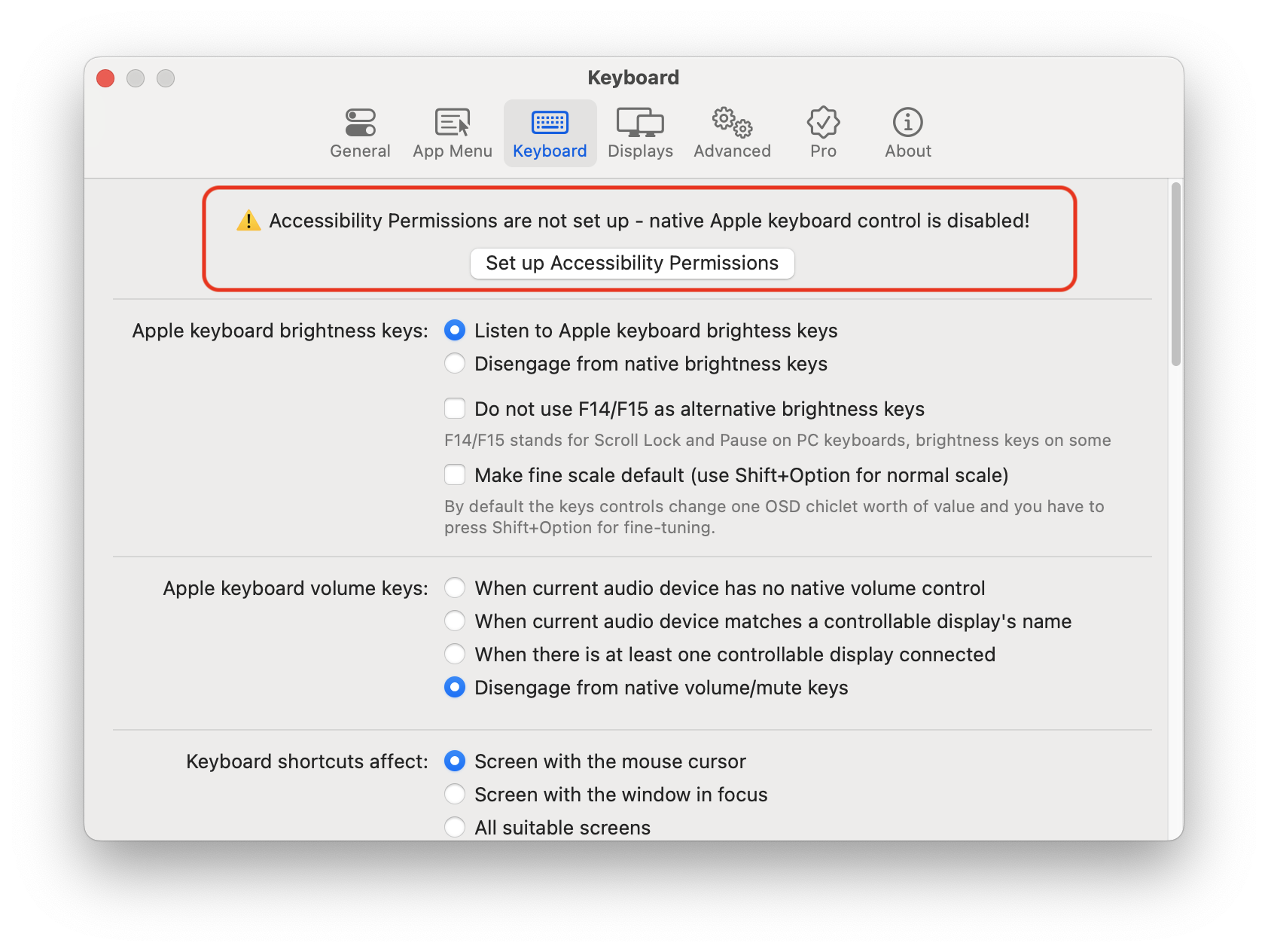 Put the accessibility permissions warning triangle to a more ...