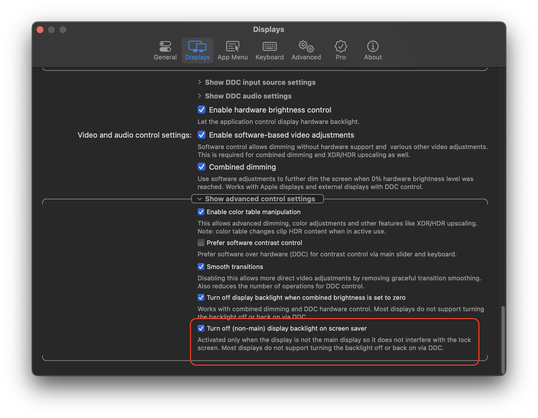 Option to turn off panel backlight on screensaver (for compatible
