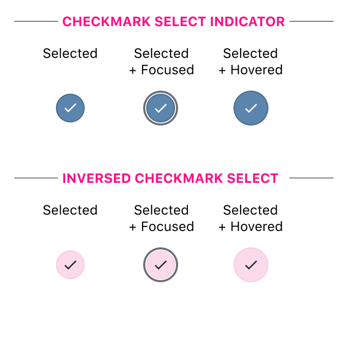 The same swatch mockups, using a grey focus ring and a smaller checkmark