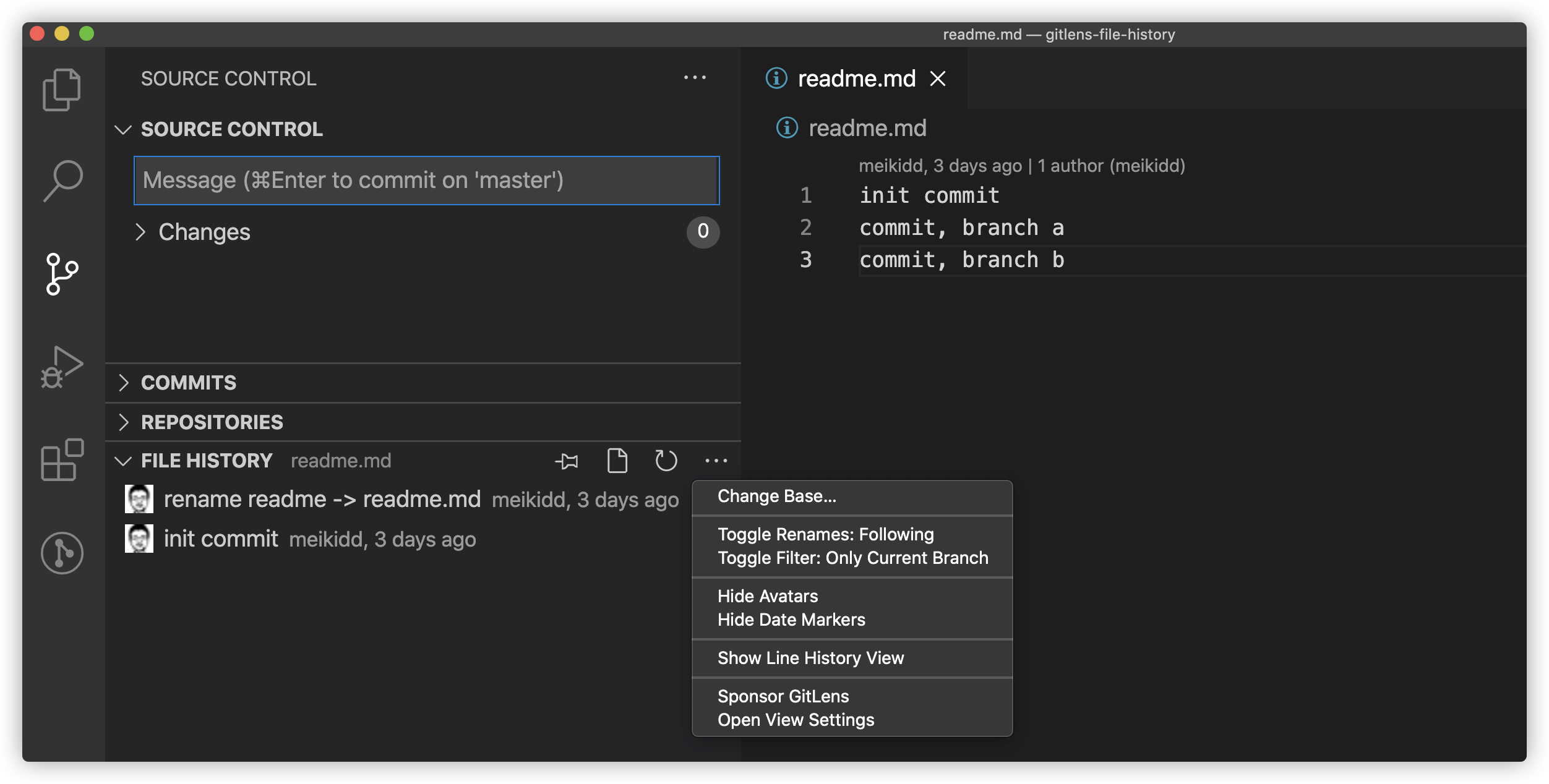 File history missing commits from other branches · Issue 1402