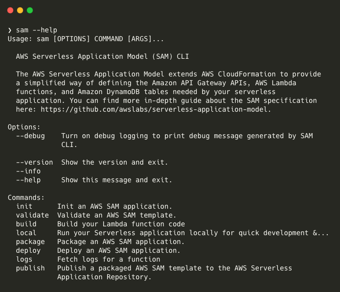 AWS SAM CLI help menu