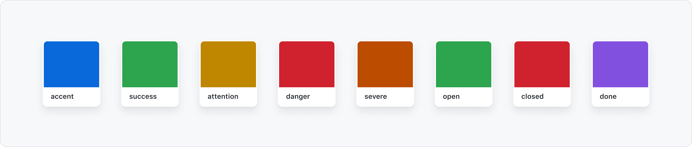 Accent: blue, Success: green, Attention: yellow, Danger: red, Severe: orange, Open: green, Closed: red, Done: purple